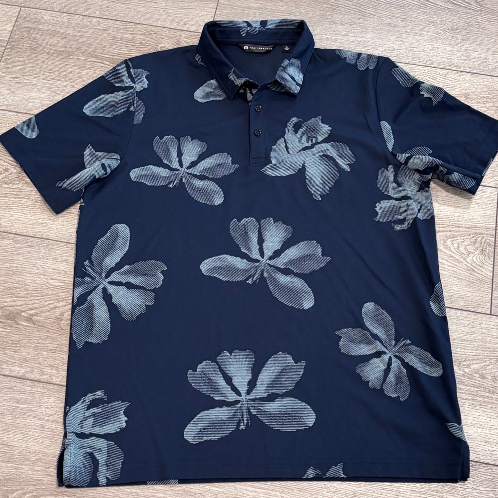 Travis Mathew Polo Shirt Mens XL Navy Blue Floral Leaf Print Golf Performance